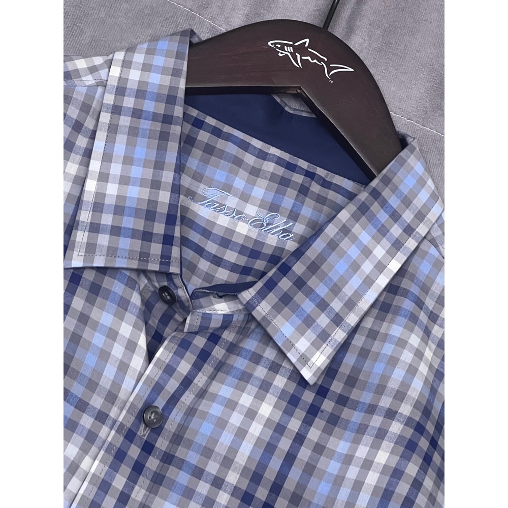 Tasso Elba Button Down Shirt Mens Large Blue Grey Plaid Long Sleeve Excellent